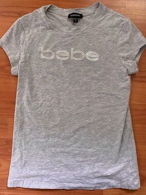 Bebe Y2K Grey Rhinestone-Print Logo Tee